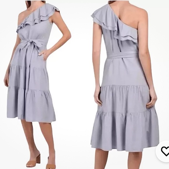 NWOT Nicole Miller Linen Blend One Shoulder MIDI Dress Pockets Powder Blue M - Picture 1 of 9